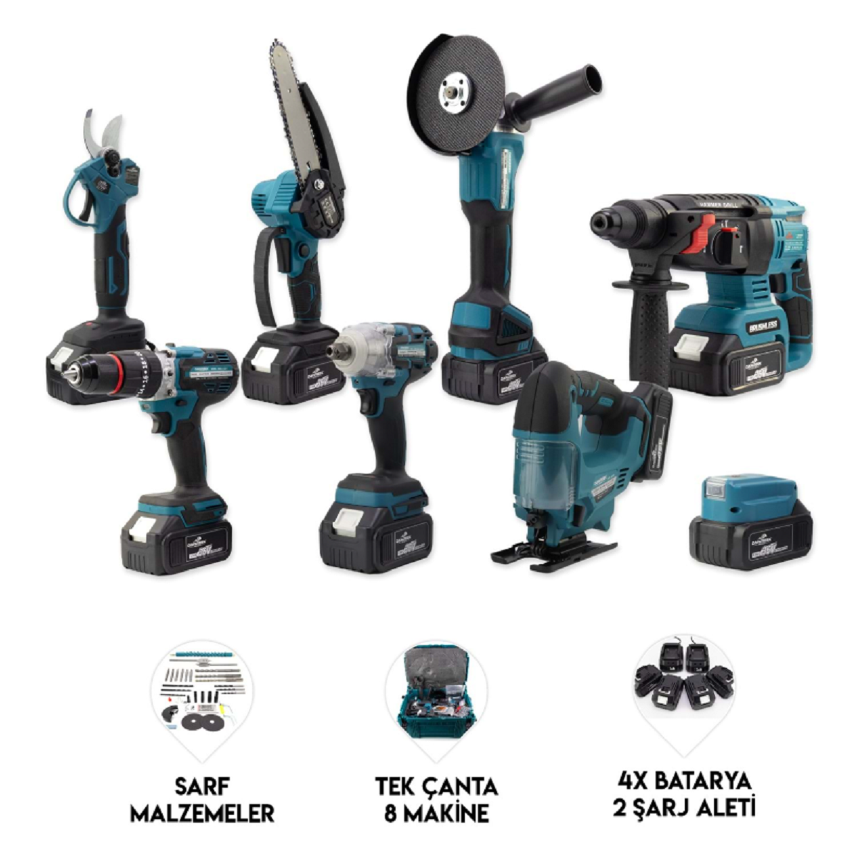 CHELİKBEİ Sekizli Set DBML (LED Aydınlatma+ Ş.Hilti+Ş.spral+S.Sıkma+13mm Ç.Mandren+Ş.Dekupaj+Budama Testeresi+Bağ Makas)